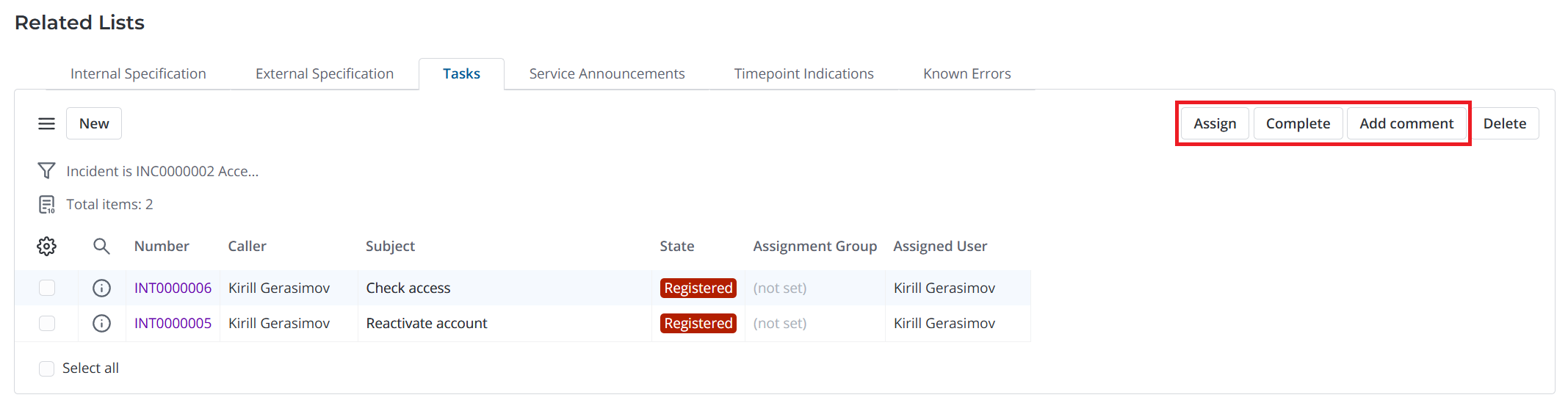 Actions to process incident tasks