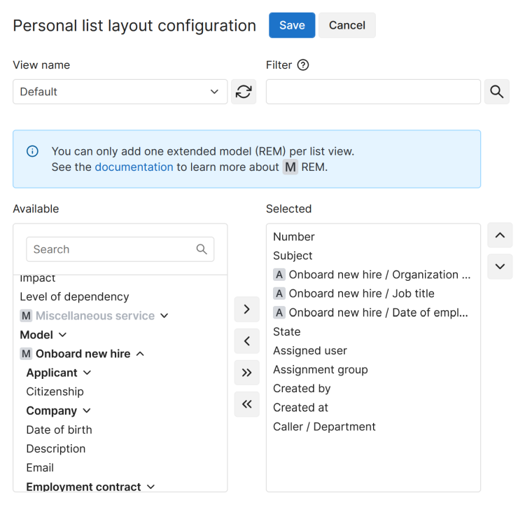 Personal list configuration