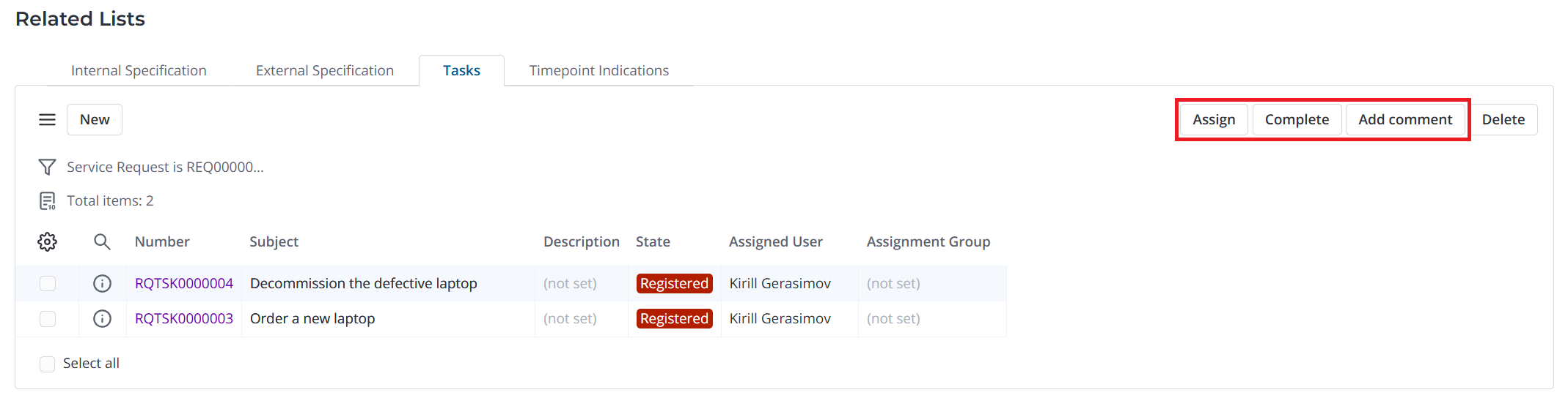 Actions to process service request tasks