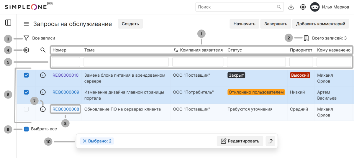 Интерфейс списка